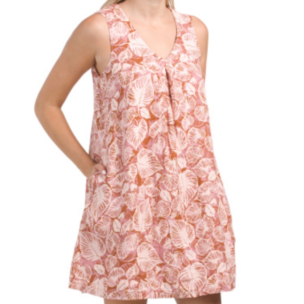 Tahari Women's Dress Pink Palm Leaf 100% Linen Shift Sleeveless Size L NWT